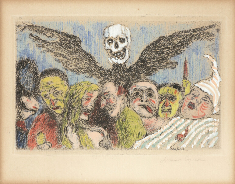 Ensor De hoofdzonden beheerst door de dood 1904 handgekleurde ets c www vdw auctions com