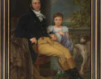 Porträt eines Mannes mit seiner Tochter und einem Jagdhund