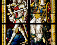 Stained-glass windows of St. George and the dragon and Archangel Michael and the dragon